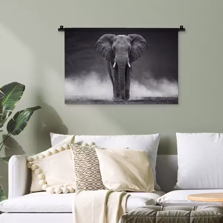 Olifant - Zwart - Wit - Rook Wandkleed katoen klein -sfeer7