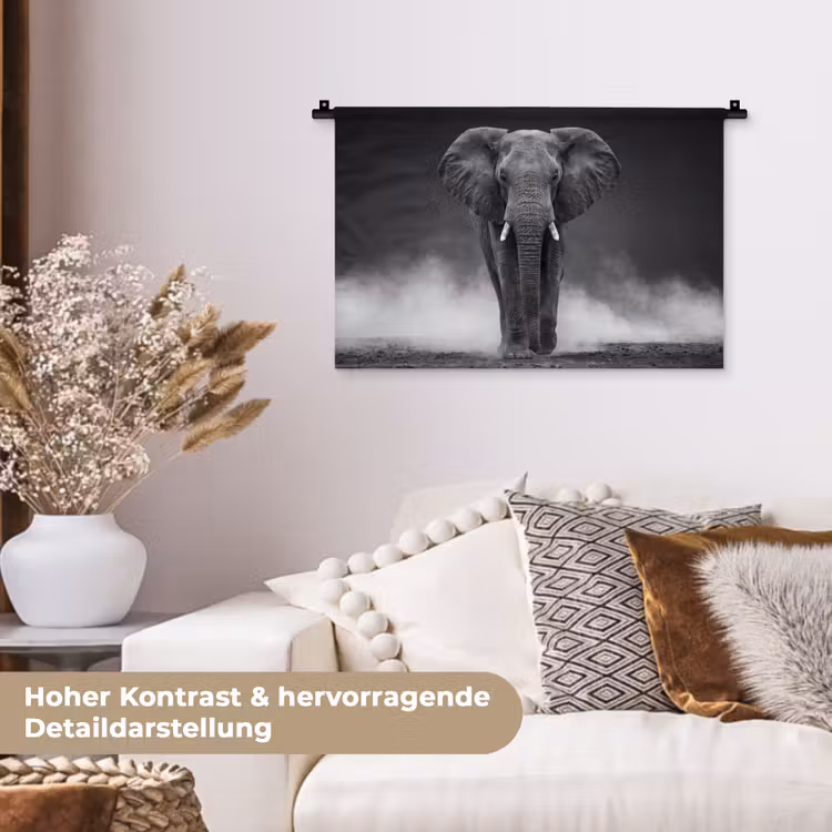 Olifant - Zwart - Wit - Rook Wandkleed katoen klein -tsfeer1_DE