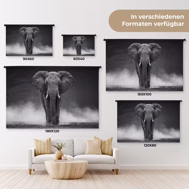 Olifant - Zwart - Wit - Rook Wandkleed katoen klein -tsfeer8_DE