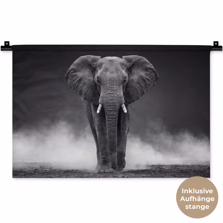 Olifant - Zwart - Wit - Rook Wandkleed katoen klein -t3d_DE