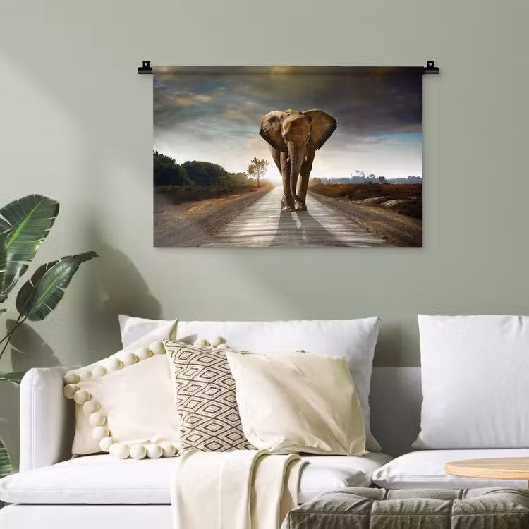 Olifant - Weg - Dieren - Zonsondergang - Landschap Wandkleed katoen klein -sfeer7
