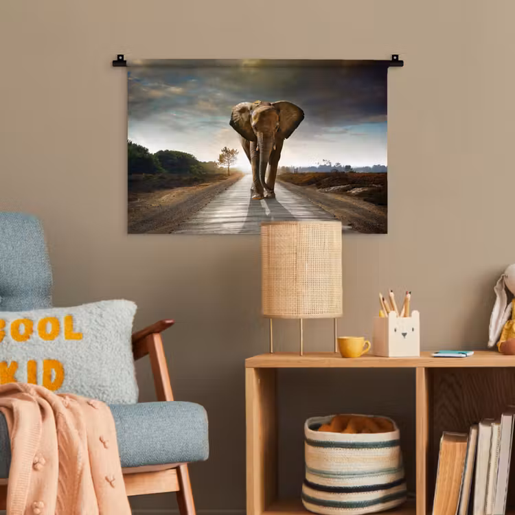 Olifant - Weg - Dieren - Zonsondergang - Landschap Wandkleed katoen klein -wsfeer4_kind