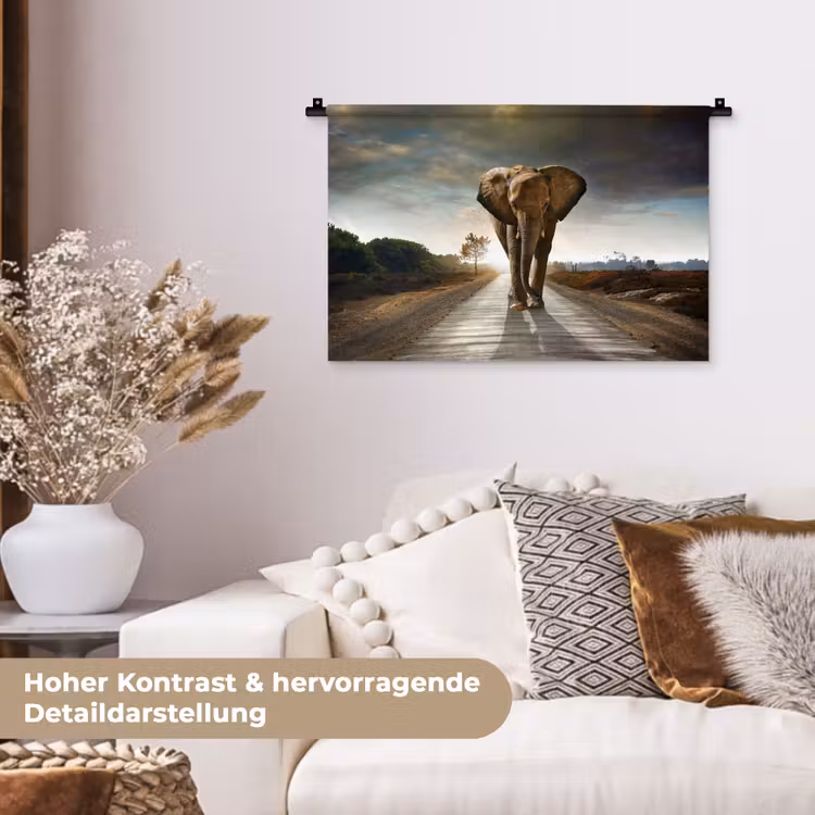 Olifant - Weg - Dieren - Zonsondergang - Landschap Wandkleed katoen klein -tsfeer1_DE