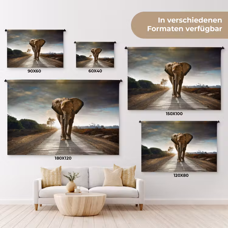 Olifant - Weg - Dieren - Zonsondergang - Landschap Wandkleed katoen klein -tsfeer8_DE