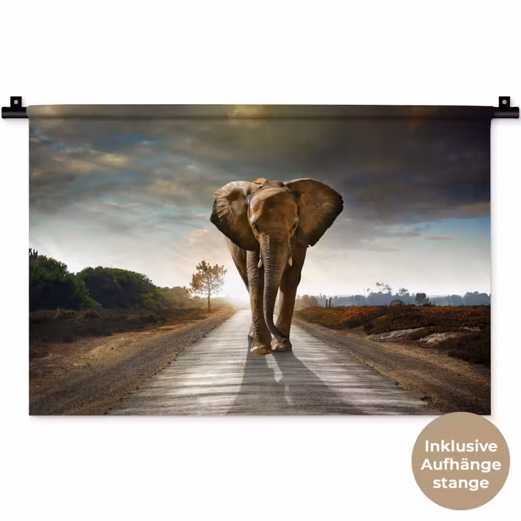 Olifant - Weg - Dieren - Zonsondergang - Landschap Wandkleed katoen klein -t3d_DE