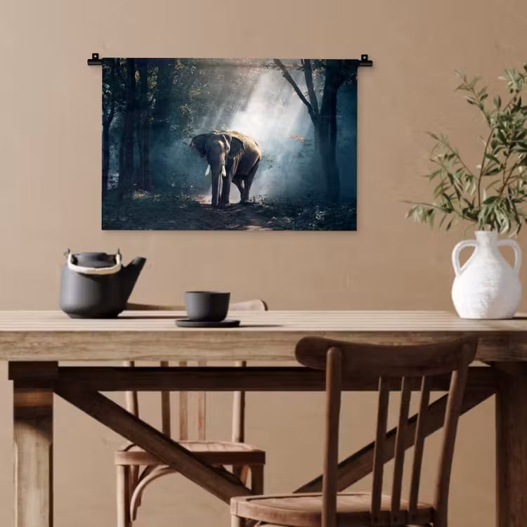 Olifant - Dieren - Licht - Bos - Natuur - Wilde dieren Wandkleed katoen klein -sfeer6