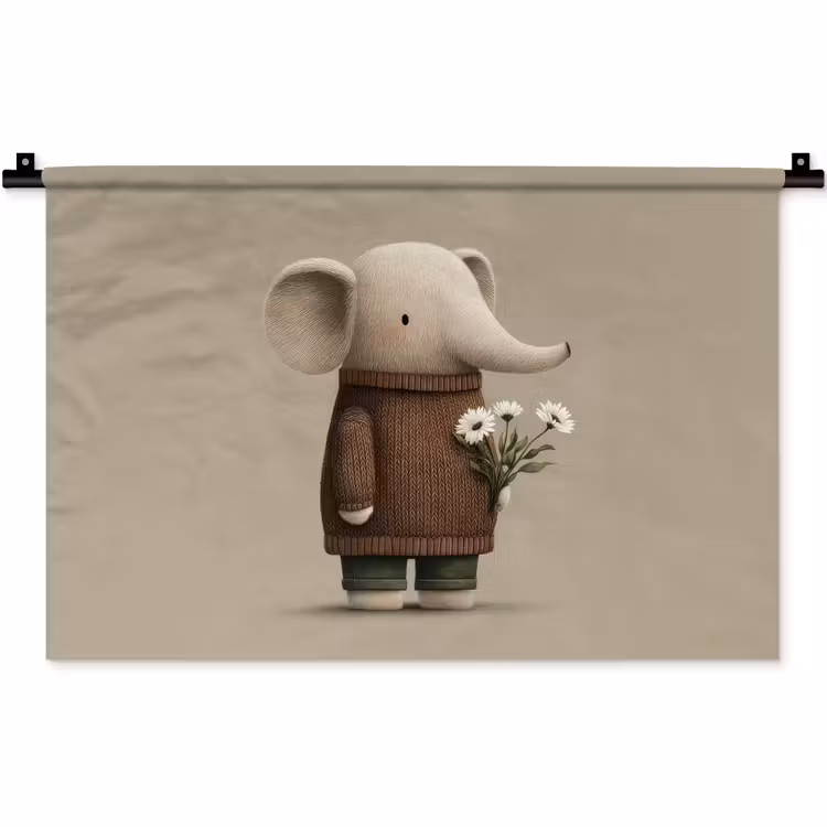 Olifant - Witte bloemen - Kindvriendelijk Wandkleed katoen klein -zz3d
