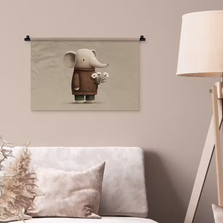 Olifant - Witte bloemen - Kindvriendelijk Wandkleed katoen klein -sfeer4