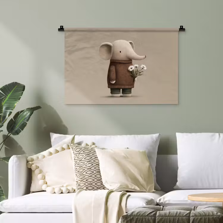 Olifant - Witte bloemen - Kindvriendelijk Wandkleed katoen klein -sfeer7