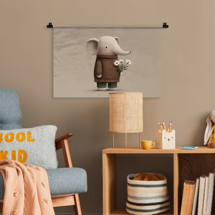 Olifant - Witte bloemen - Kindvriendelijk Wandkleed katoen klein -wsfeer4_kind