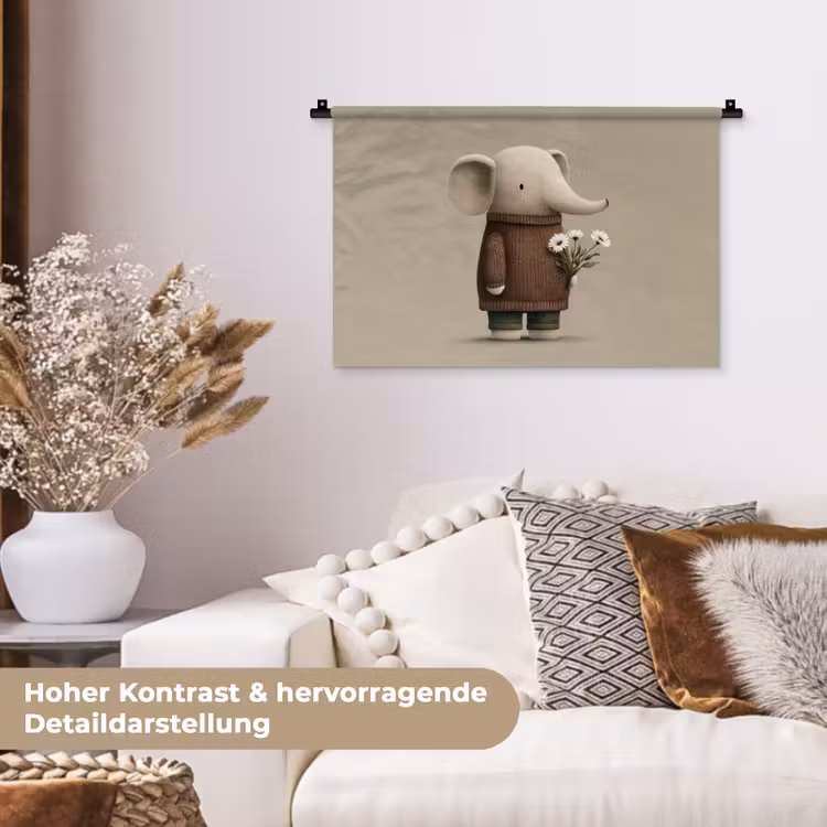 Olifant - Witte bloemen - Kindvriendelijk Wandkleed katoen klein -tsfeer1_DE