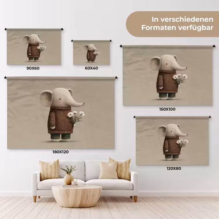 Olifant - Witte bloemen - Kindvriendelijk Wandkleed katoen klein -tsfeer8_DE