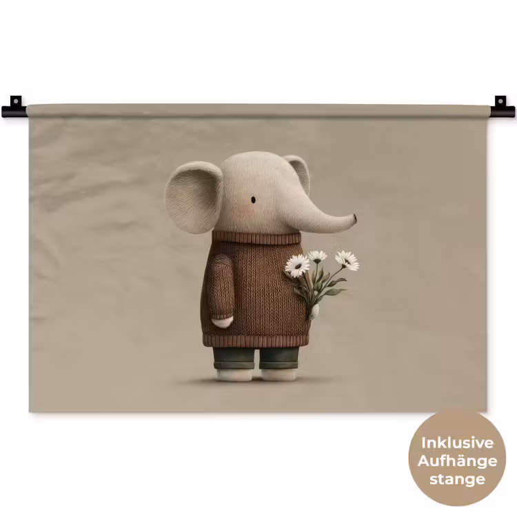 Olifant - Witte bloemen - Kindvriendelijk Wandkleed katoen klein -t3d_DE