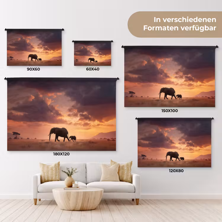 Olifanten - Grasland - Zonsondergang Wandkleed katoen klein -tsfeer8_DE