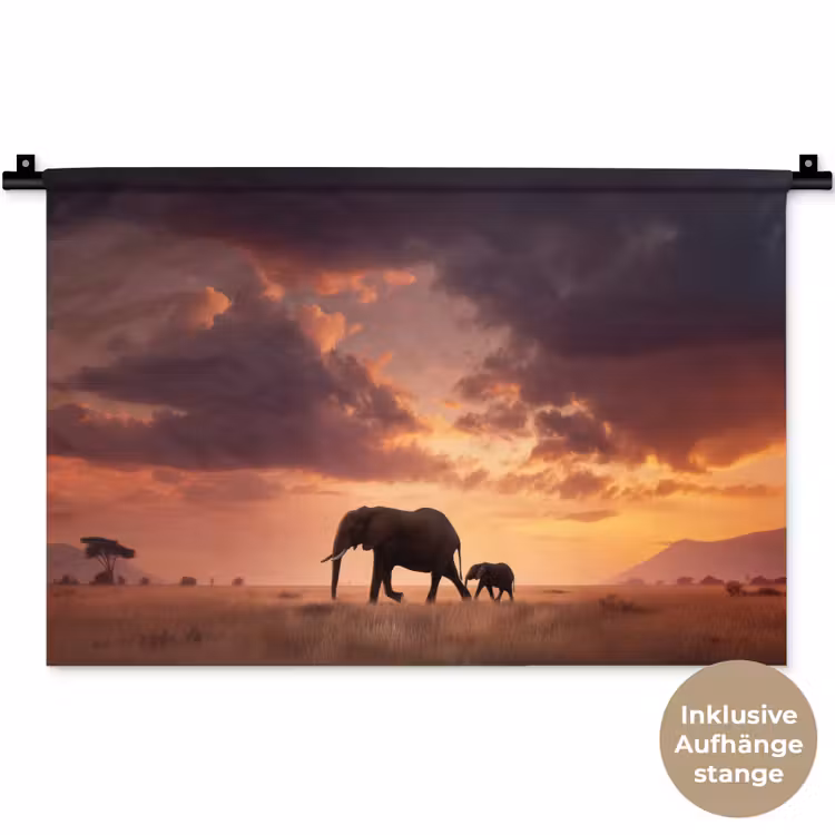 Olifanten - Grasland - Zonsondergang Wandkleed katoen klein -t3d_DE