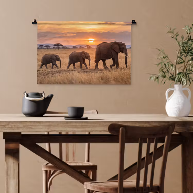 Olifanten - Savanne - Zonsondergang - Afrika - Warm Wandkleed katoen klein -sfeer6