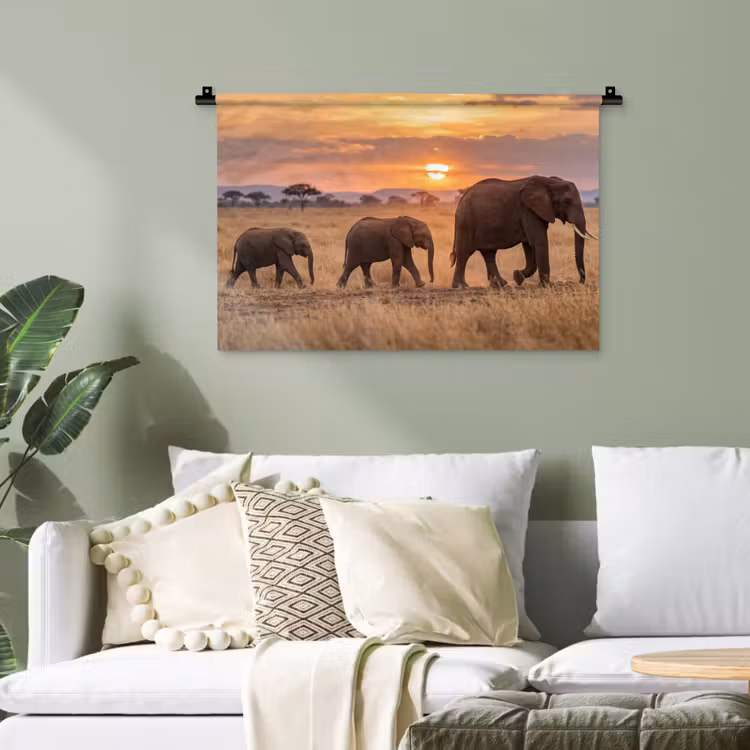 Olifanten - Savanne - Zonsondergang - Afrika - Warm Wandkleed katoen klein -sfeer7