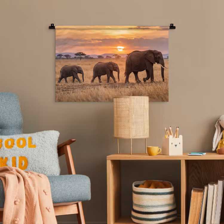 Olifanten - Savanne - Zonsondergang - Afrika - Warm Wandkleed katoen klein -wsfeer4_kind