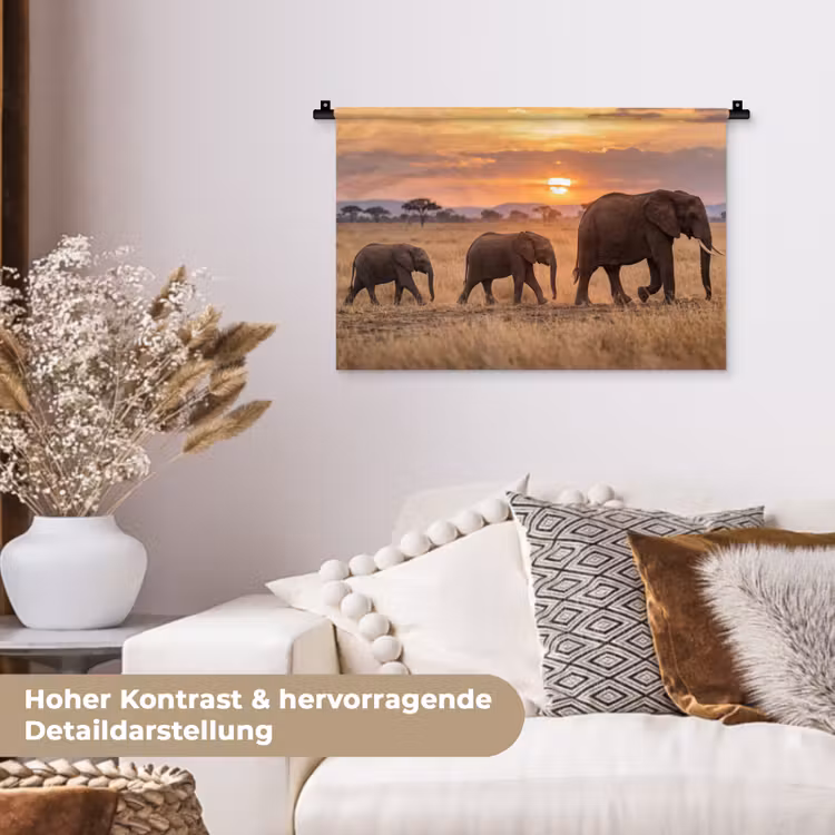 Olifanten - Savanne - Zonsondergang - Afrika - Warm Wandkleed katoen klein -tsfeer1_DE