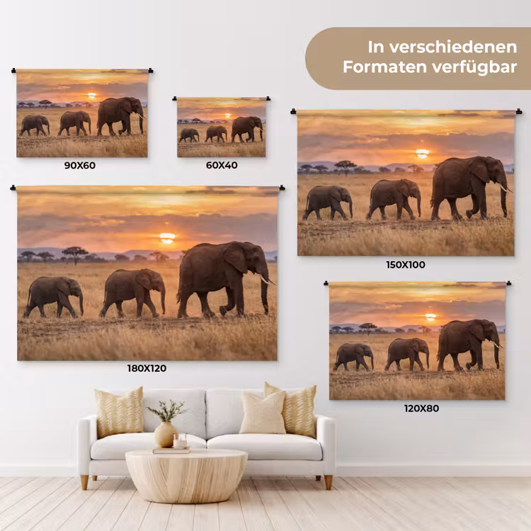 Olifanten - Savanne - Zonsondergang - Afrika - Warm Wandkleed katoen klein -tsfeer8_DE