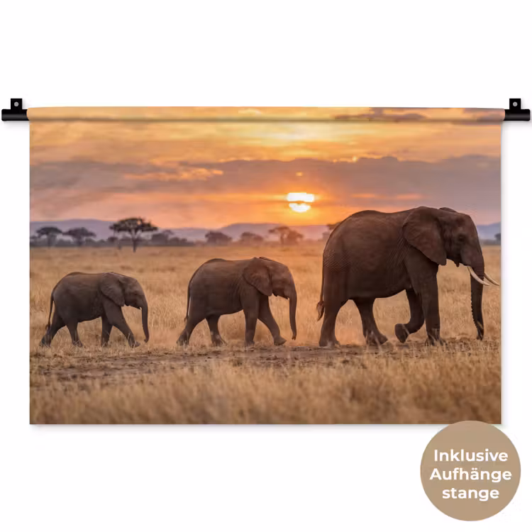 Olifanten - Savanne - Zonsondergang - Afrika - Warm Wandkleed katoen klein -t3d_DE