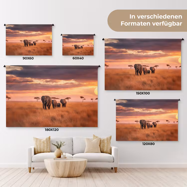 Groep olifanten - Open vlakte - Zon Wandkleed katoen klein -tsfeer8_DE