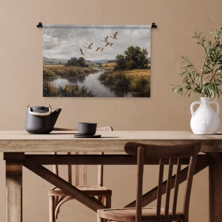 Eenden - Rivier - Landschap - Vlucht - Nostalgisch Wandkleed katoen klein -sfeer6