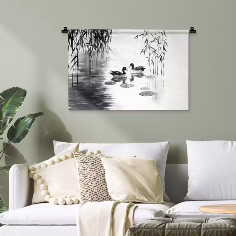 Eenden - Waterlelies - Riet - Zwart Wandkleed katoen klein -sfeer7