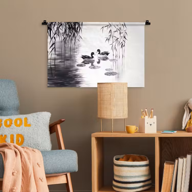 Eenden - Waterlelies - Riet - Zwart Wandkleed katoen klein -wsfeer4_kind