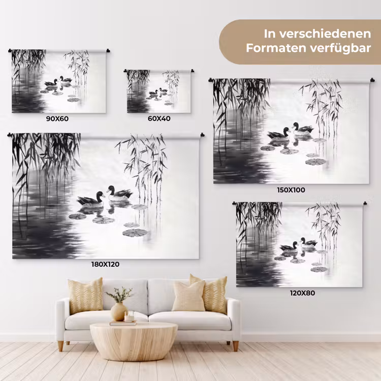 Eenden - Waterlelies - Riet - Zwart Wandkleed katoen klein -tsfeer8_DE