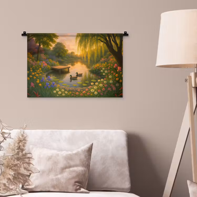 Eenden - Vijver - Bloemen Wandkleed katoen klein -sfeer4