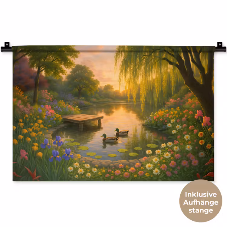 Eenden - Vijver - Bloemen Wandkleed katoen klein -t3d_DE