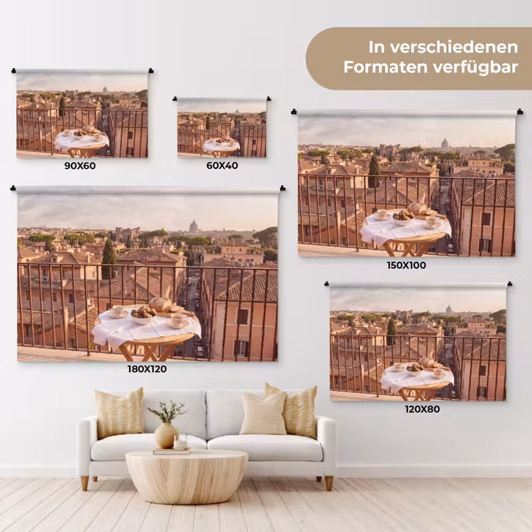 Eten - Ontbijt - Balkon - Stad - Zonsopgang Wandkleed katoen klein -tsfeer8_DE