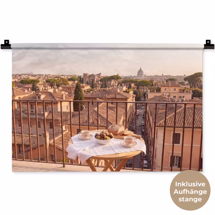 Eten - Ontbijt - Balkon - Stad - Zonsopgang Wandkleed katoen klein -t3d_DE