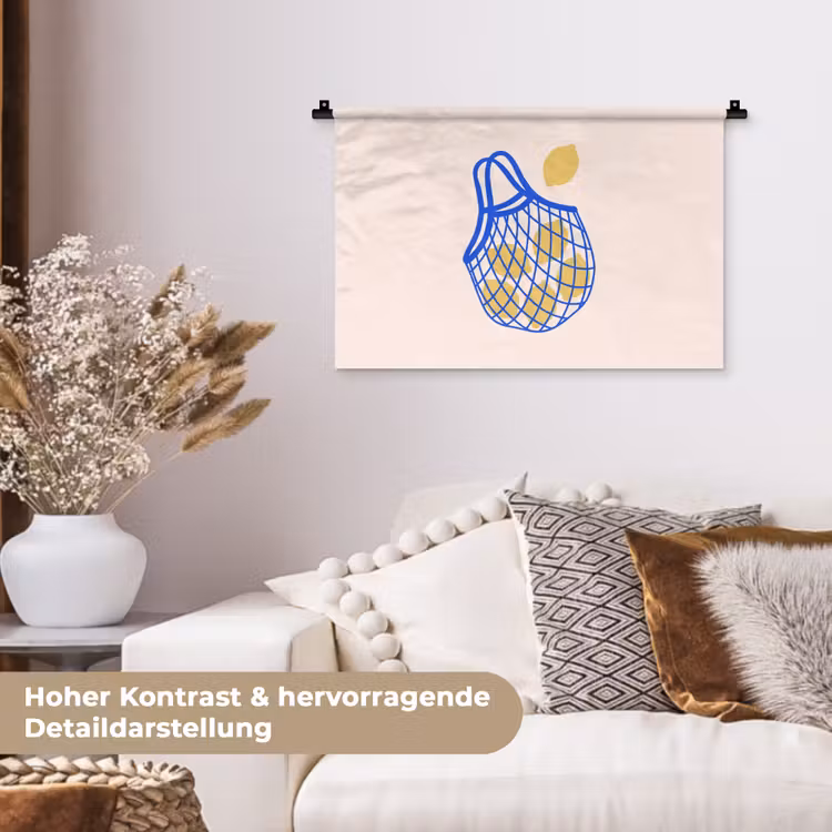 Eten - Citroen - Boodschappen - Abstract - Geel - Blauw Wandkleed katoen klein -tsfeer1_DE