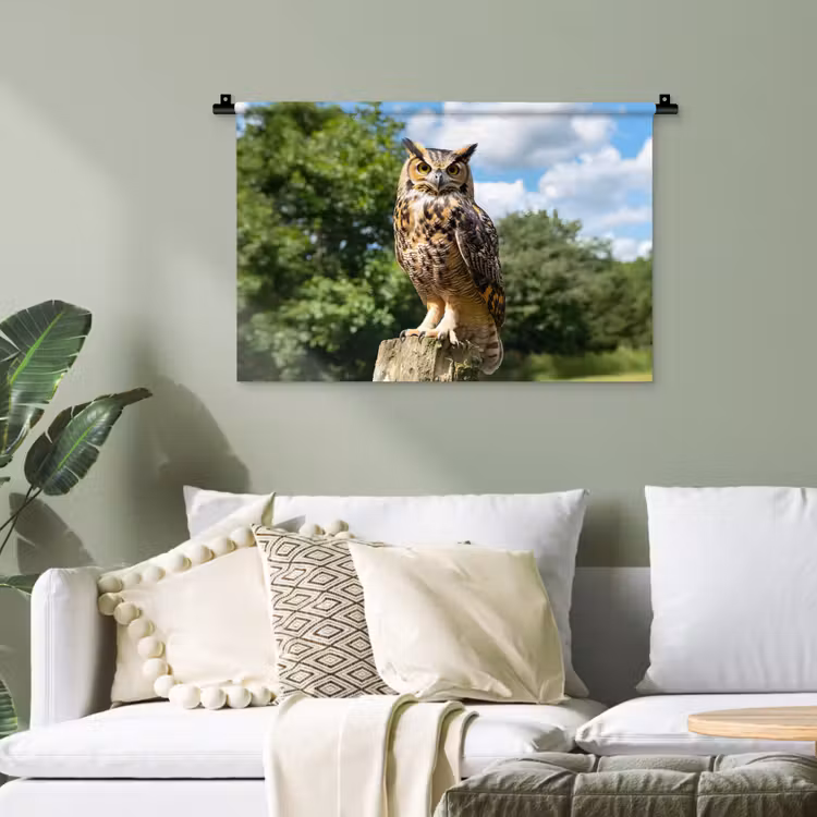 Uil - Boomstronk - Bos - Lucht Wandkleed katoen klein -sfeer7