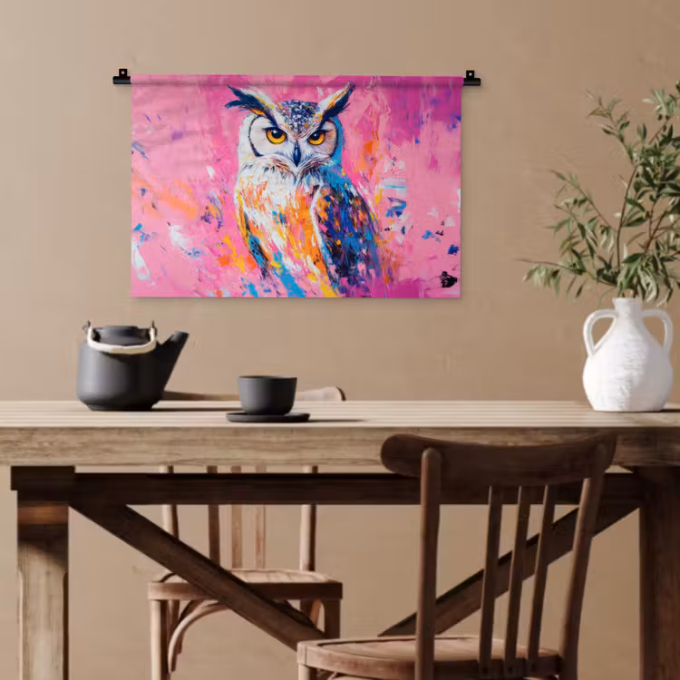 Uil - Roze - Blauw - Verf - Abstract Wandkleed katoen klein -sfeer6