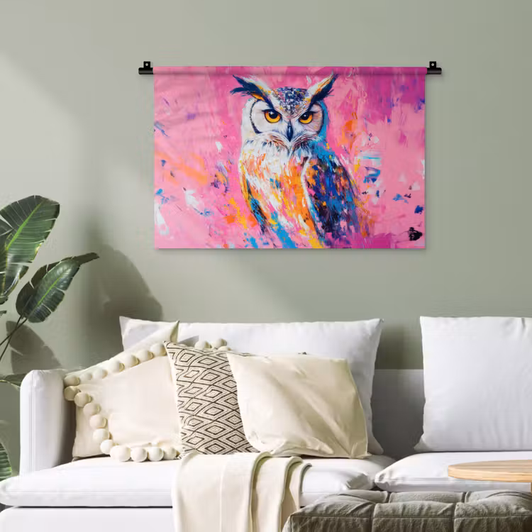 Uil - Roze - Blauw - Verf - Abstract Wandkleed katoen klein -sfeer7