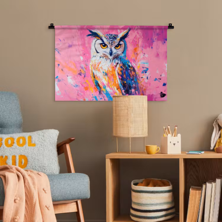 Uil - Roze - Blauw - Verf - Abstract Wandkleed katoen klein -wsfeer4_kind