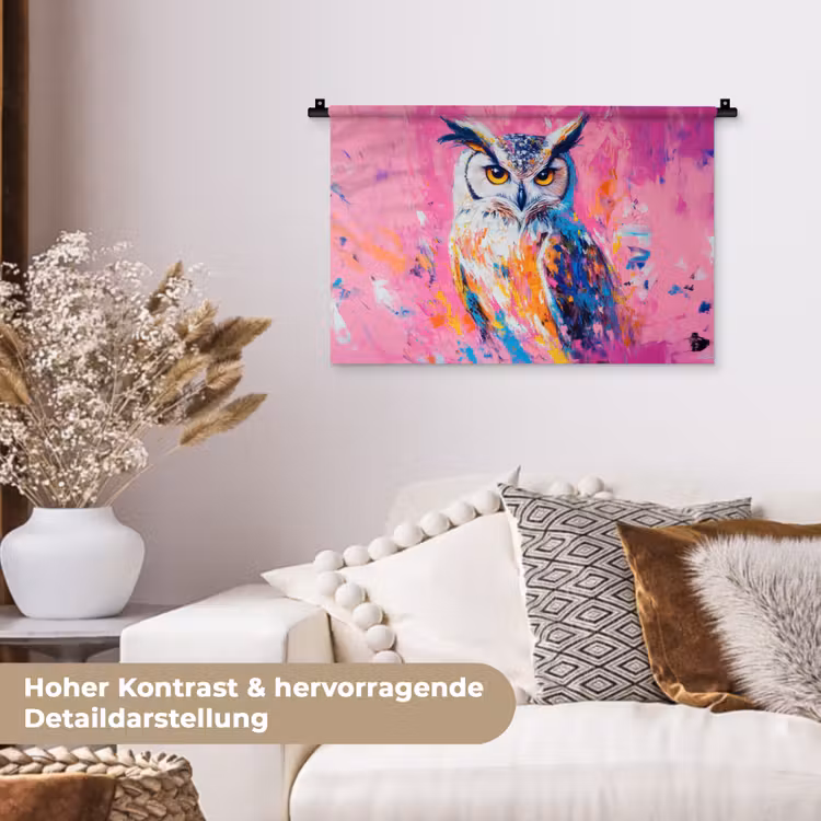 Uil - Roze - Blauw - Verf - Abstract Wandkleed katoen klein -tsfeer1_DE