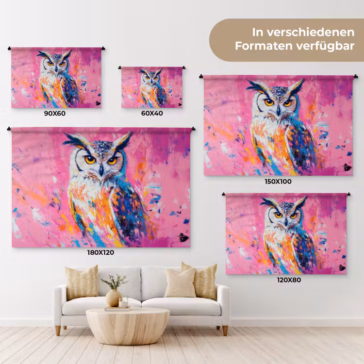 Uil - Roze - Blauw - Verf - Abstract Wandkleed katoen klein -tsfeer8_DE