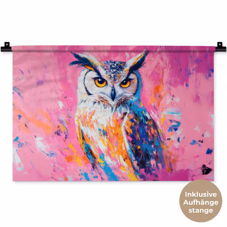 Uil - Roze - Blauw - Verf - Abstract Wandkleed katoen klein -t3d_DE