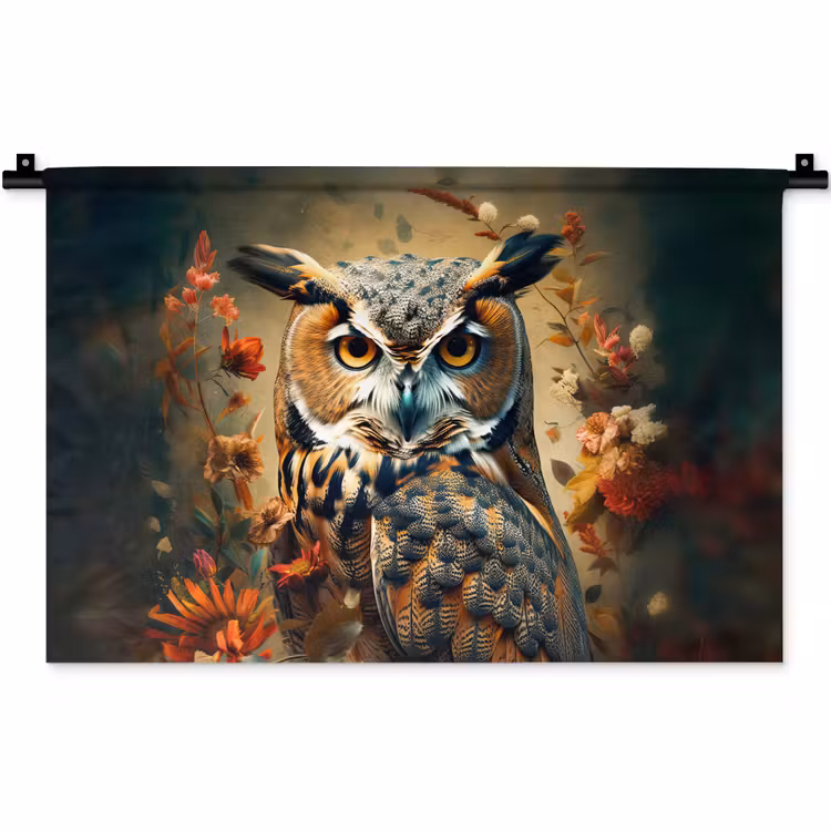 Uil - Vogel - Bloemen - Planten - Botanisch Wandkleed katoen klein -zz3d