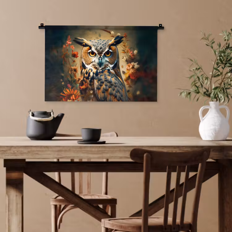 Uil - Vogel - Bloemen - Planten - Botanisch Wandkleed katoen klein -sfeer6
