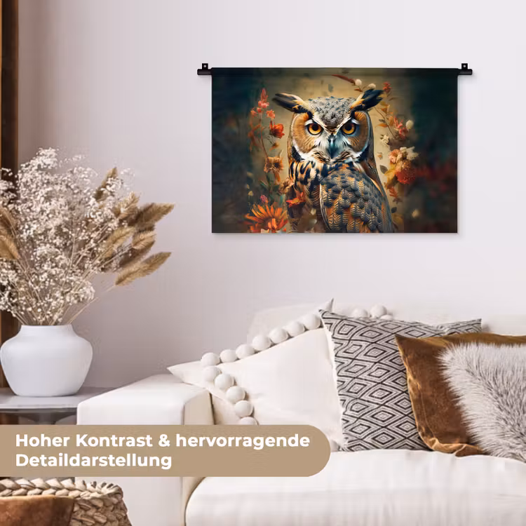Uil - Vogel - Bloemen - Planten - Botanisch Wandkleed katoen klein -tsfeer1_DE