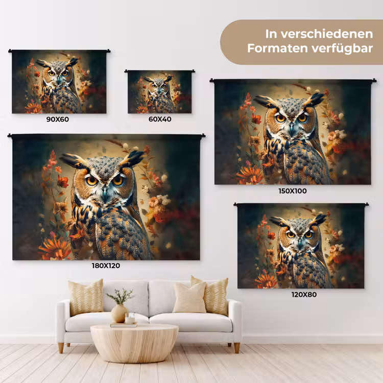 Uil - Vogel - Bloemen - Planten - Botanisch Wandkleed katoen klein -tsfeer8_DE