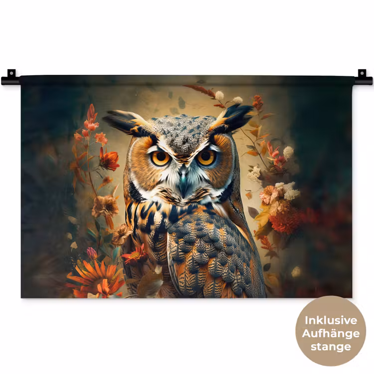 Uil - Vogel - Bloemen - Planten - Botanisch Wandkleed katoen klein -t3d_DE