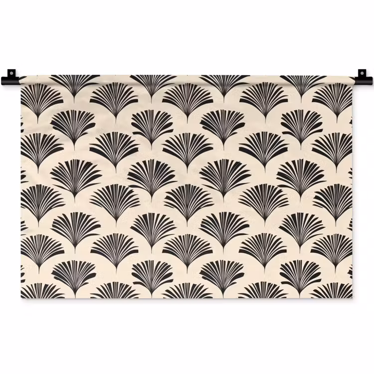 Waaiers - Botanisch - Zwart - Beige Wandkleed katoen klein 269 -zz3d