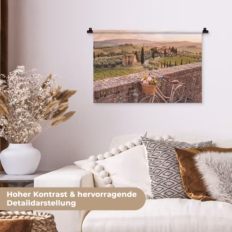 Fiets - Bloemen - Toscane - Landschap - Roze Wandkleed katoen klein -tsfeer1_DE