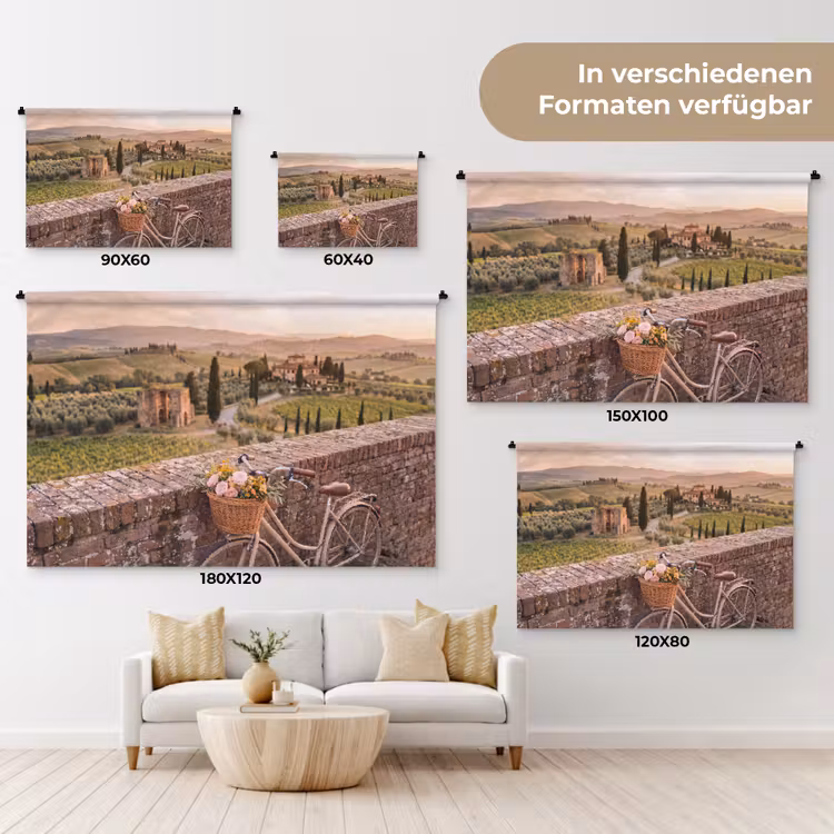 Fiets - Bloemen - Toscane - Landschap - Roze Wandkleed katoen klein -tsfeer8_DE